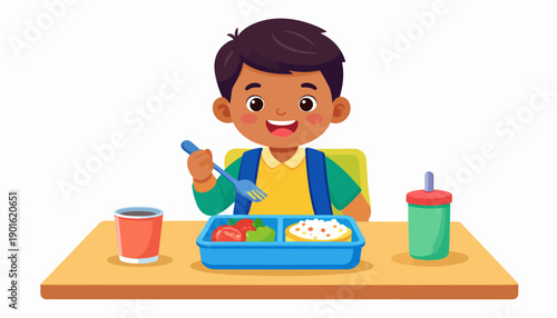 Happy young boy enjoying his delicious lunch meal at school, with a balanced meal and drink