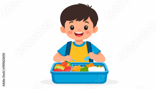 Cute elementary school student cartoon character eating a nutritious meal from a bento box with fresh fruit and rice