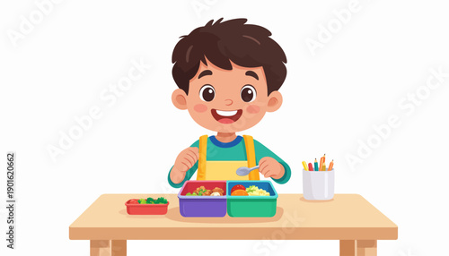 A cheerful young boy happily eats a healthy and colorful meal from his bento box at a wooden desk, illustrating good nutrition and joyful childhood moments