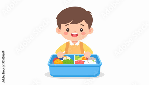 Happy cartoon boy getting ready to eat a healthy and colorful lunch packed neatly in a bento box, promoting good nutrition for children and fostering good eating habits