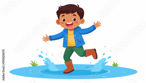 Joyful young boy happily splashing in puddles wearing boots, enjoying a rainy day outdoor activity