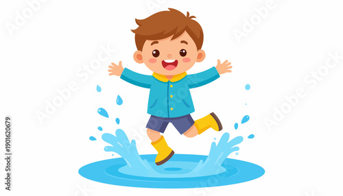 Joyful child in yellow rain boots splashing in a puddle on a bright day