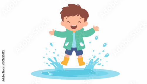 Joyful little boy in a vibrant raincoat and yellow boots happily jumping in a puddle, splashing water playfully during a rainy day, full of childhood fun and excitement