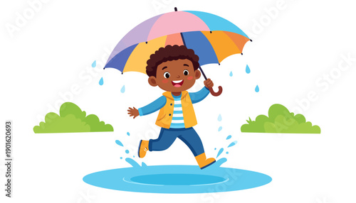 A cheerful young boy with a vibrant umbrella joyfully splashes through puddles, celebrating the simple fun of a rainy day outdoors, embodying childhood happiness