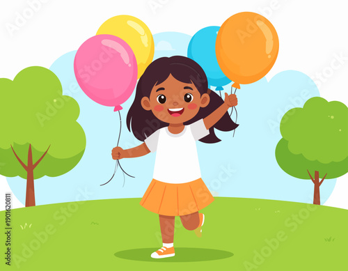 Joyful little girl in a white t-shirt and orange skirt happily running with colorful balloons in a park with green trees and a blue sky in the background