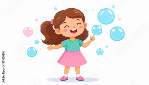 Happy cartoon girl in a pink skirt blowing colorful soap bubbles, a sweet vector illustration representing the simple joy of childhood play
