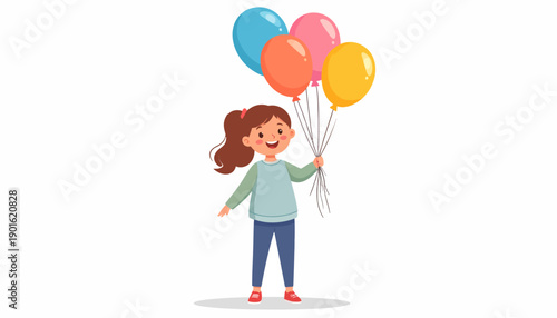 A cheerful cartoon girl with a happy smile holding a bunch of colorful party balloons