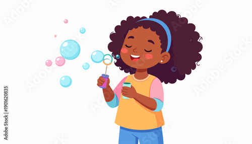 Adorable young girl happily blowing soap bubbles, enjoying a playful outdoor activity