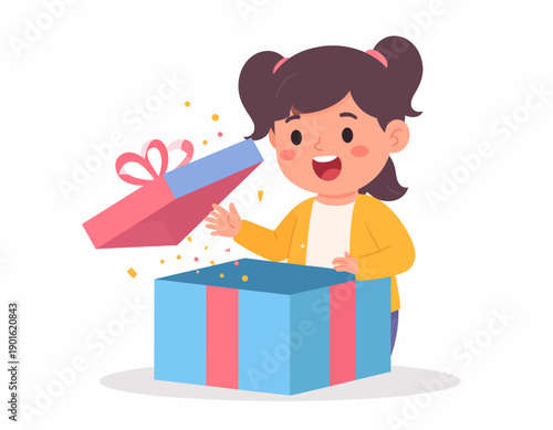 Excited young girl joyfully opening a surprise gift box with confetti and vibrant colors, celebrating a special occasion