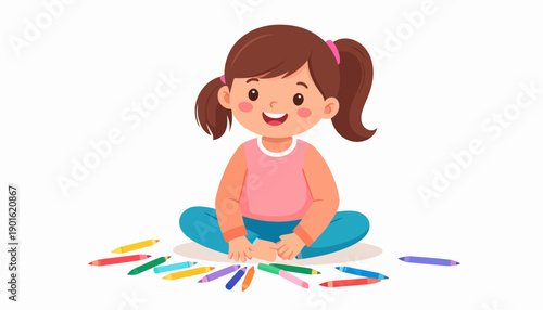 Happy little girl ready for a colorful artistic adventure, surrounded by an array of drawing tools, embodying the joy of childhood creativity, learning, and imaginative play