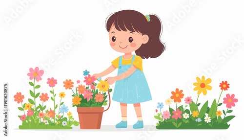 A cute, smiling little girl tenderly watering a lush bed of vibrant, blooming flowers, cultivating a beautiful garden with joy and care, representing the simple pleasures of nature and childhood