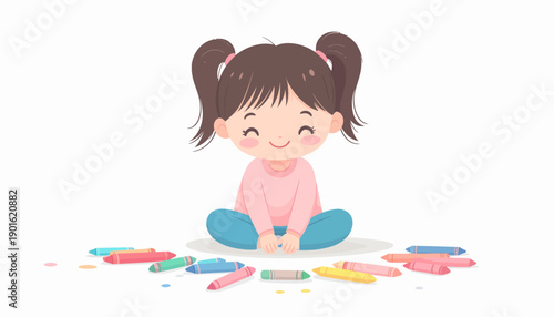 A cute illustration of a cheerful little girl with pigtails, joyfully sitting among colorful crayons, ready to express her imagination and creativity through art