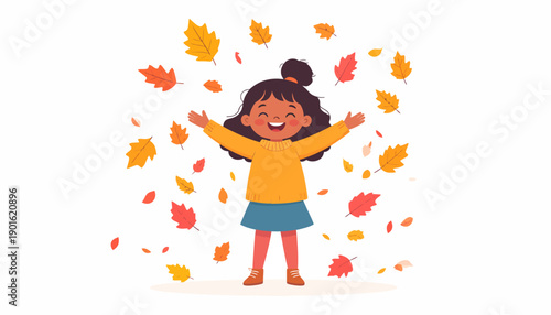 Happy little girl joyfully tossing colorful autumn leaves in the air. Cute child enjoying the fall season with a big smile