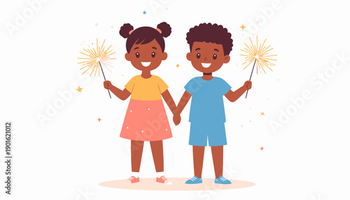 Two happy children, a boy and a girl, holding sparklers and celebrating joyfully