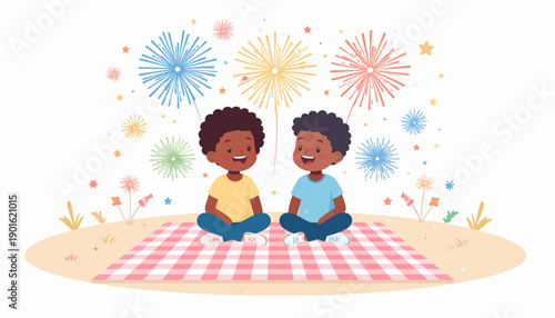 Two joyful young Black boys enjoying a beautiful firework display during a summer celebration, sitting on a picnic blanket outdoors