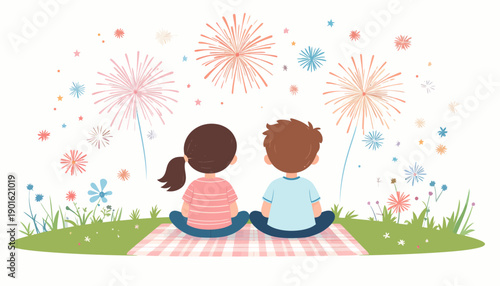 Joyful Moment as Children Watch Dazzling Fireworks Display, Celebrating a Festive Evening Together on a Grassy Hill Under the Twinkling Night Sky