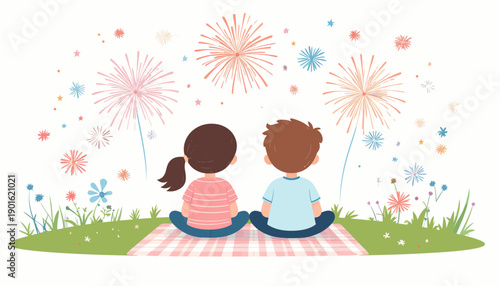 Two children sitting on a picnic blanket watching fireworks light up the night sky with joy and wonder