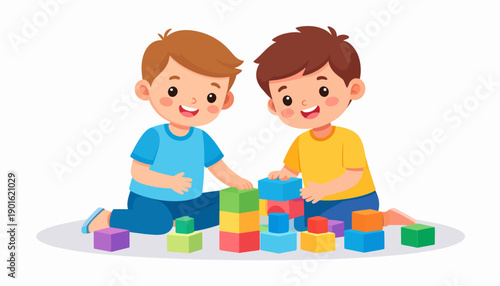 Two joyful young boys enthusiastically engaging in a playful and educational activity, building colorful towers with vibrant toy blocks to foster creativity and social interaction