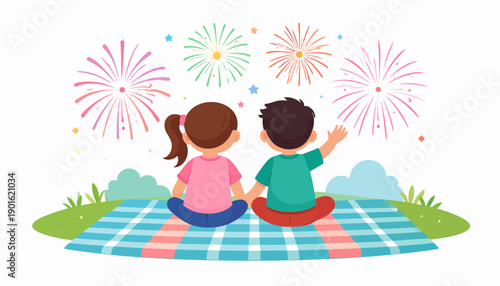 Back view of a young boy and girl sitting on a blanket, holding hands and watching a vibrant fireworks display together