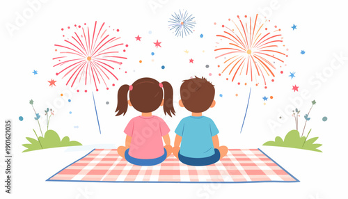 Rear view of a young boy and girl sitting together on a picnic blanket, watching a colorful fireworks display light up the night sky