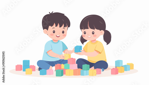 Children's happy playtime with colorful building blocks, fostering imagination and early childhood development