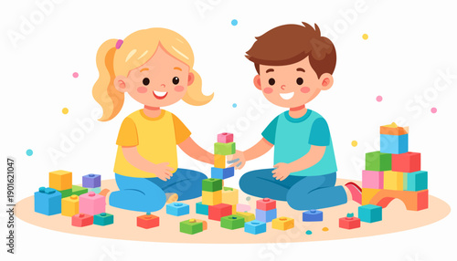 Two happy cartoon children, a boy and a girl, building towers with colorful toy blocks, illustrating friendship and playful learning in early childhood