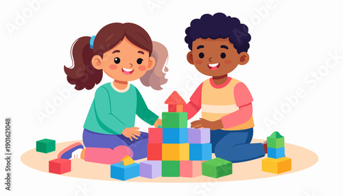 Two happy diverse children joyfully building a colorful block tower together, fostering creativity and teamwork in early childhood education and development