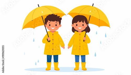 Two happy children in yellow raincoats sharing a yellow umbrella under the falling rain, illustration