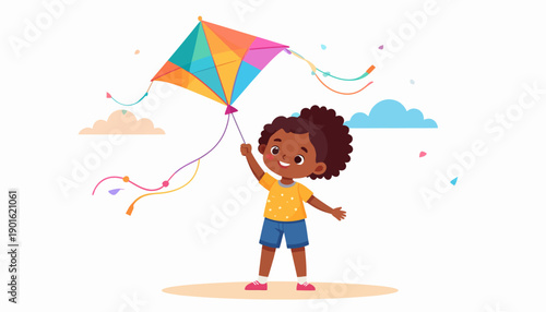 Happy African American girl flying a colorful kite in a bright summer sky, symbolizing childhood joy, freedom, and outdoor play