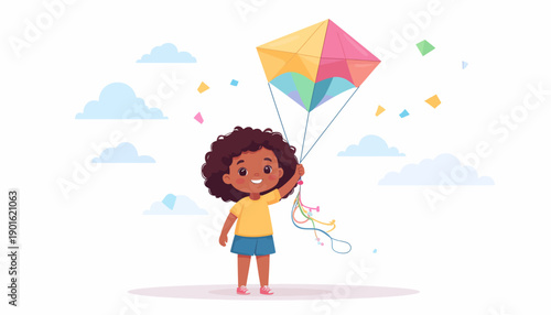 A cheerful young girl with dark, curly hair joyfully flies a vibrant, colorful kite against a bright, cloudy sky, embodying the carefree spirit of childhood and outdoor fun