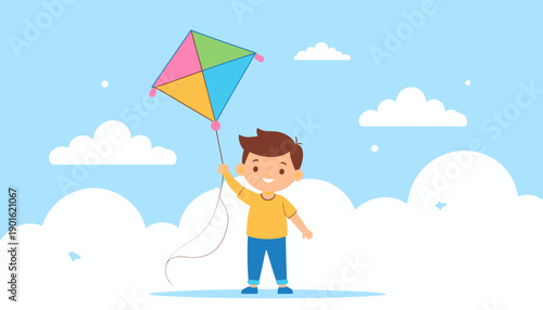 A happy young boy flying a colorful kite against a bright blue sky with fluffy white clouds, enjoying a fun outdoor activity