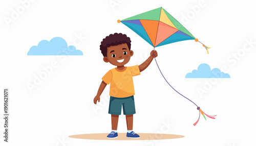 Happy young African American boy holding a colorful kite outdoors. A vector illustration representing childhood joy, play, and freedom