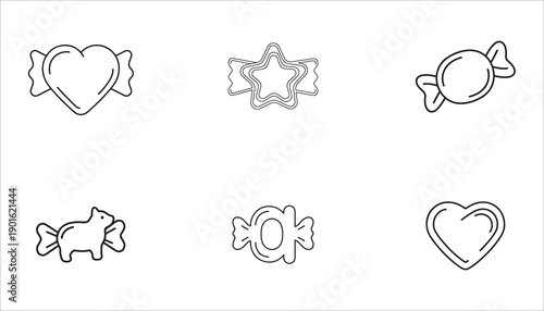 Collection of simple, elegant candy icons featuring hearts, stars, and animal shapes