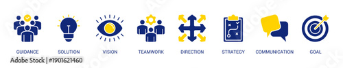 Leadership Solid Blue Yellow Color Icon Set For Web Banner. Vector Illustration Concept With Some Icons. Designed In Solid Blue Yellow Color Style