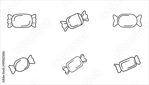 Set of six wrapped candies or sweets in a minimalist outline style
