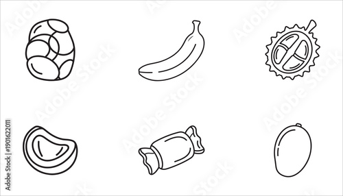 A collection of six distinct fruit and candy line art icons on a white background