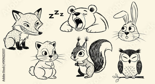 Collection of Cute Hand Drawn Forest Animals in Sketch Style.