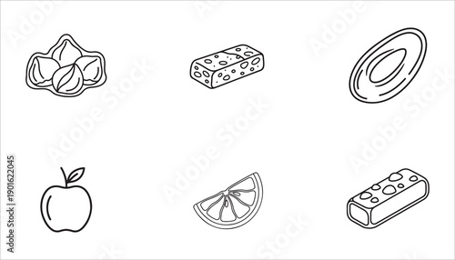 Set of six black and white line art icons of various fruits and snacks