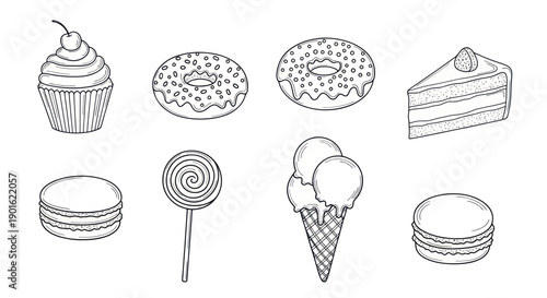 Collection of Delicious Desserts and Sweets Hand Drawn Sketch Style.