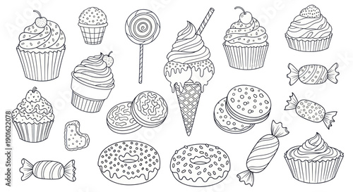 Collection of Delicious Desserts and Sweets Hand Drawn Sketch.