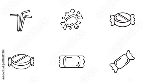 Collection of simple line art icons representing sweets and straws for creative projects