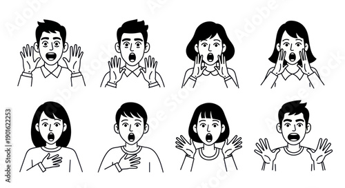 Collection of diverse people expressing shock and surprise with open mouths and hand gestures.