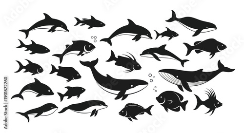 Collection of Diverse Marine Life Silhouettes Underwater Scene.