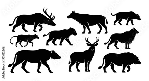 Collection of Diverse Wild Animal Silhouettes in Black and White.
