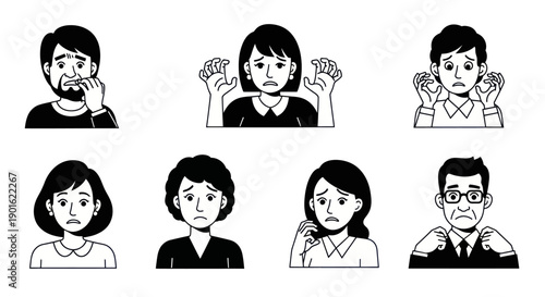 Collection of diverse people expressing various states of anxiety and worry.