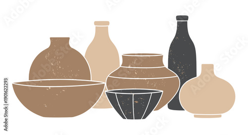 Collection of Earth Toned Ceramic Pottery Vases and Bowls.