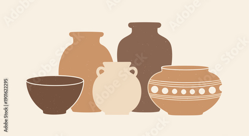 Collection of Earthenware Pots and Bowls in Earthy Tones.