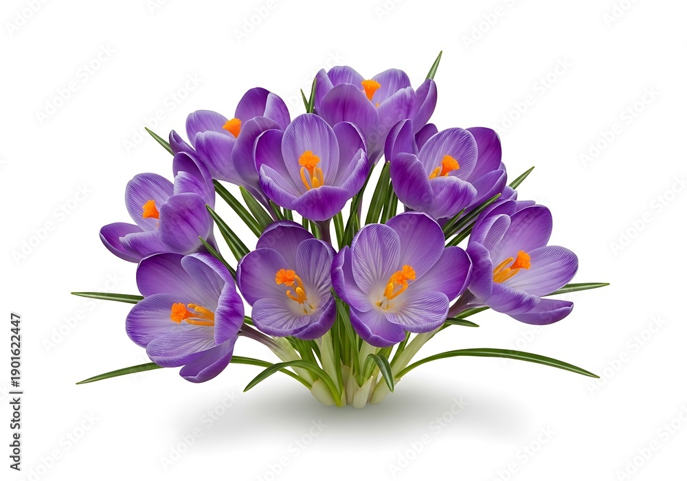 Obraz premium A cluster of purple crocus flowers with green stems and vibrant orange centers.