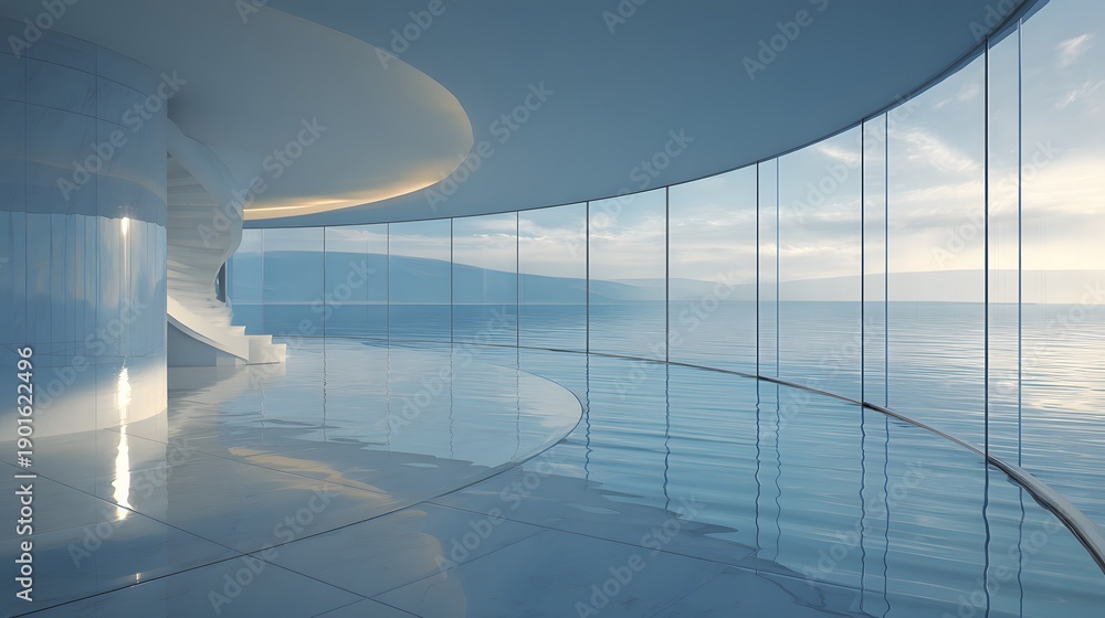 Fototapeta premium Modern Architectural Interior with Panoramic Windows and Ocean View.
