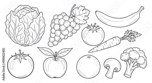 Collection of Fresh Fruits and Vegetables Line Art Illustration.